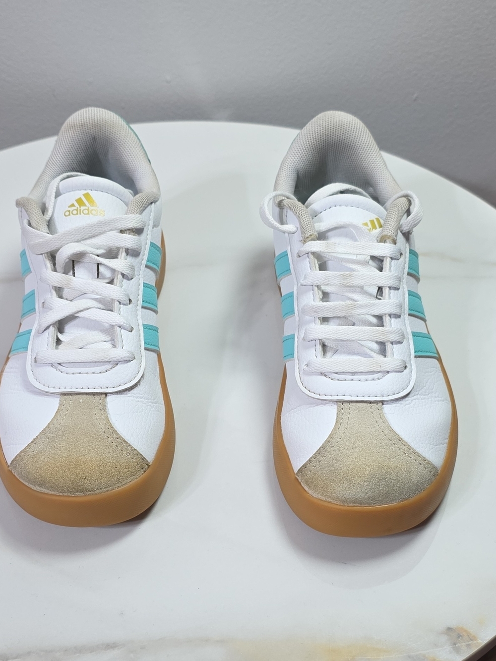 Adidas Kids White Sneakers with Aqua Stripes